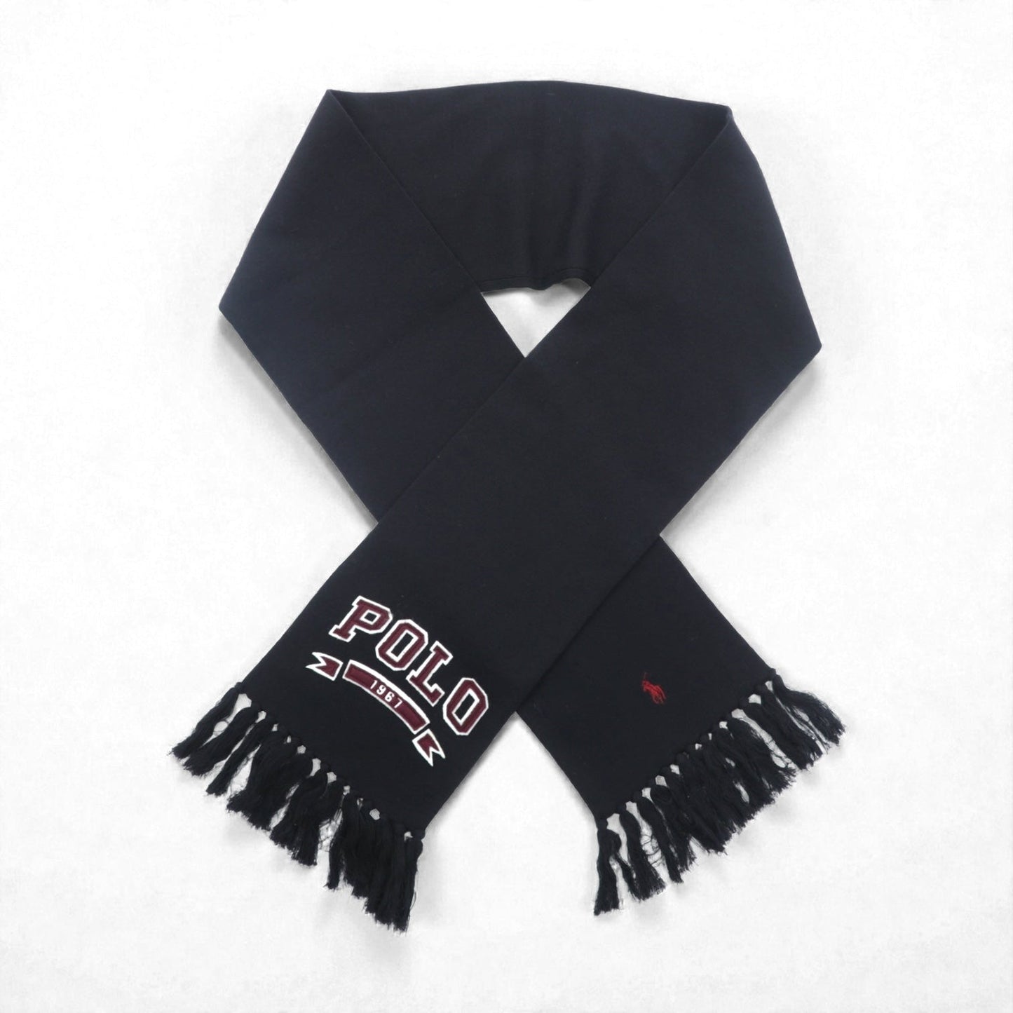 Polo Ralph Lauren カレッジロゴ フリンジ マフラー ストール ブラック ポニー ロゴ 刺繡 POLO 1967