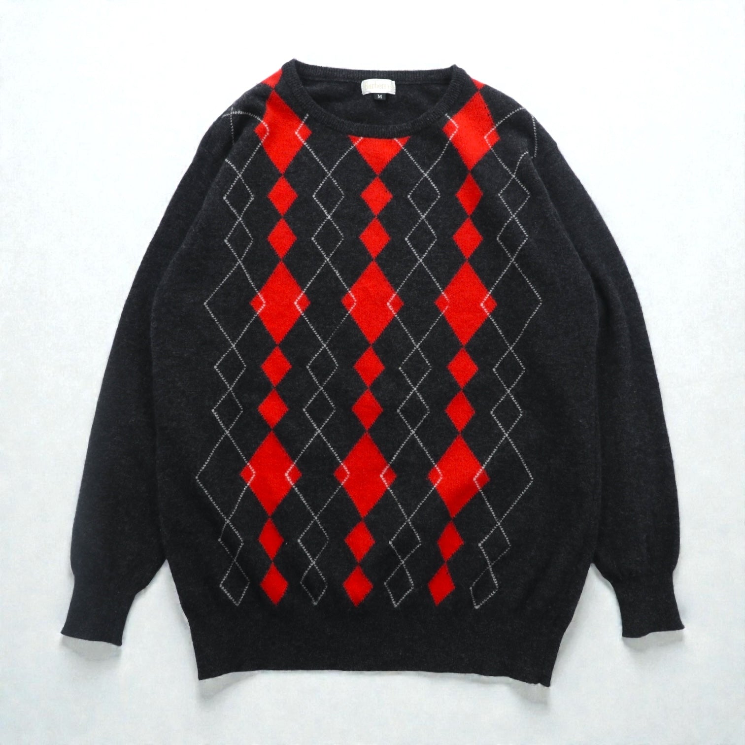 BURBERRY 90s Argyle Crewneck Knit Sweater, Size M, Gray Angora 