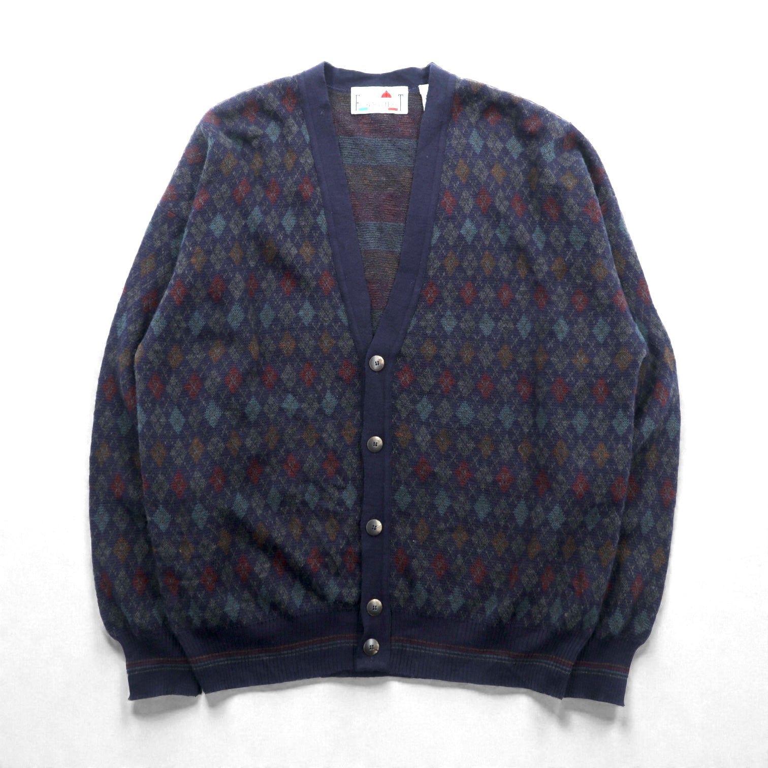 90s ITALY Vintage Knitwear アーガイル柄 ニット カーディガン M 