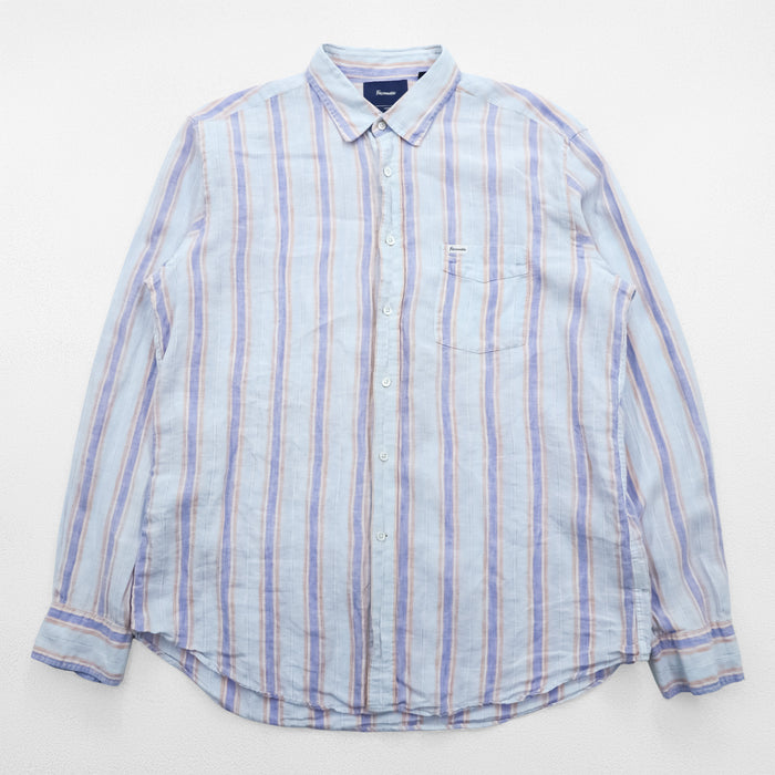 Vintage Linen Shirt, Size XL and up, Striped Blue, CLUB Faconnable, French Design