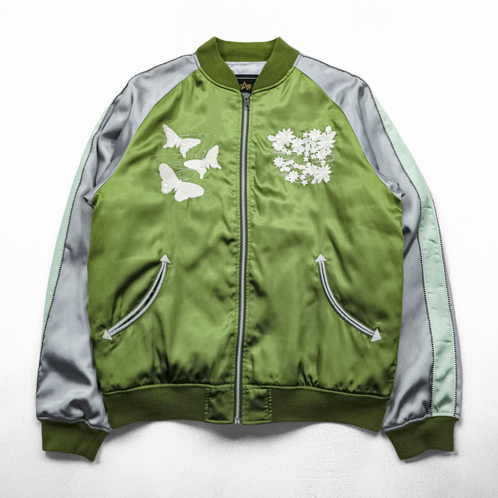ALPHA INDUSTRIES Souvenir Jacket L Green Silver Embroidered Butterfly Flower Bird 22801-21