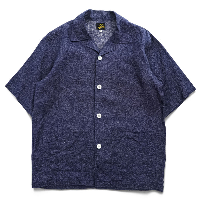 Needles CH354 Navy Paisley Linen Open Collar Short Sleeve Cabana Shirt Made in Japan Size M