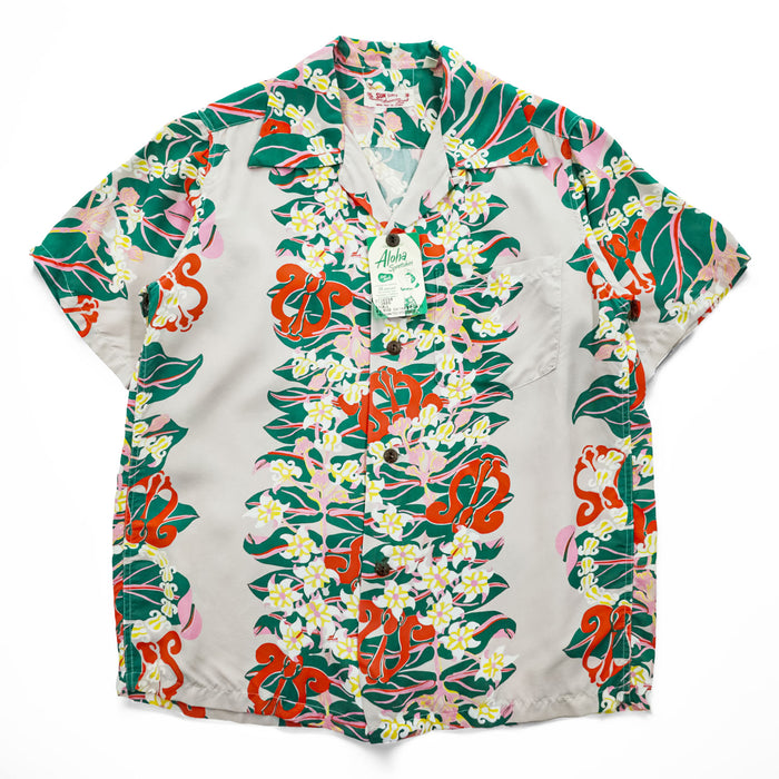 Sun Surf SS34858 Crown Flower Rayon Hawaiian Aloha Shirt Beige Green Made in Japan Size S