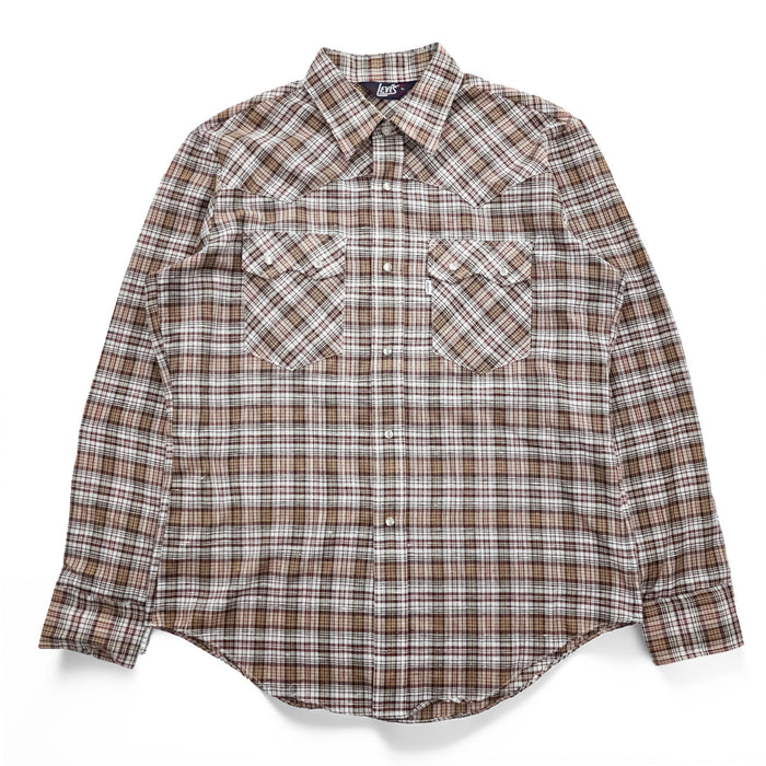 Levi's 80年代 ヴィンテージ 長袖 ウエスタンシャツ L ブラウン チェック スナップボタン 襟芯 白タブ