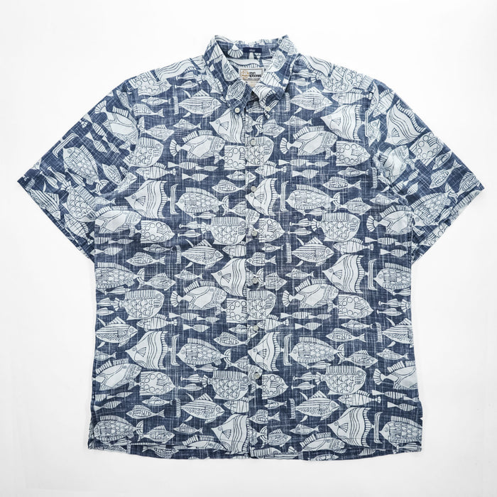 reyn spooner Fish Print Button-Down Short Sleeve Aloha Shirt Navy XL