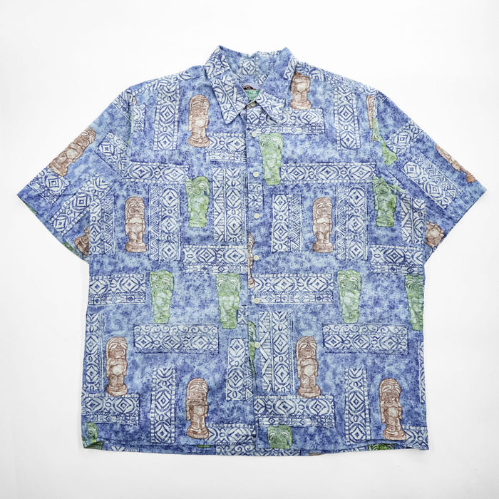 Vintage 80s Reyn Spooner Classics Tiki Print Blue Cotton Hawaiian Aloha Shirt Size XL