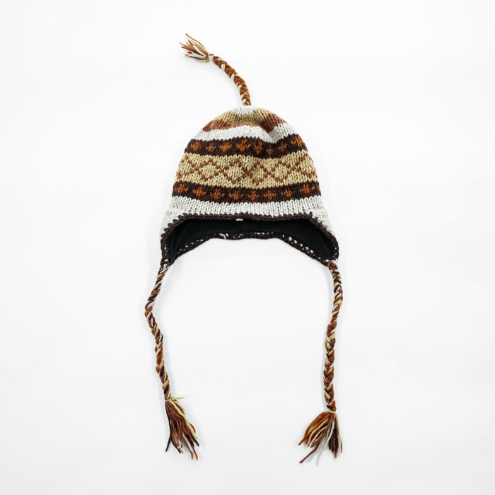 Made in Nepal Wool Earflap Knit Cap イヤーフラップ ニット帽 ノルディック柄 耳当て 三つ編み タッセル ウール100% ネパール製