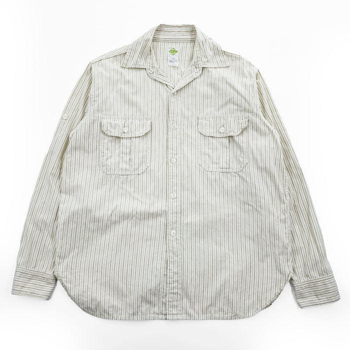 POST OVERALLS 日本製 長袖 オープンカラーシャツ M ベージュ ストライプ ダブル フラップ 胸ポケット