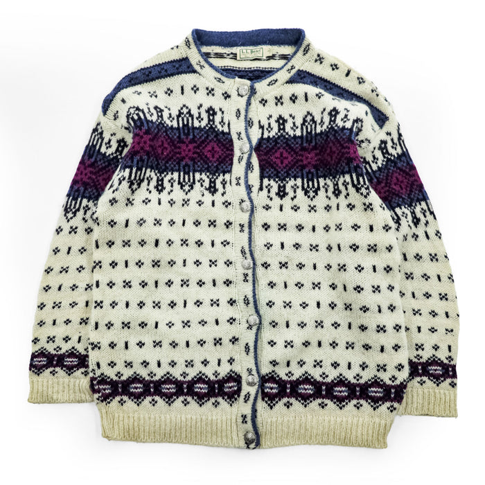 L.L.Bean 80年代 USA製 ヴィンテージ ノルディック柄 ニット カーディガン L ホワイト 総柄 チロリアン メタルボタン