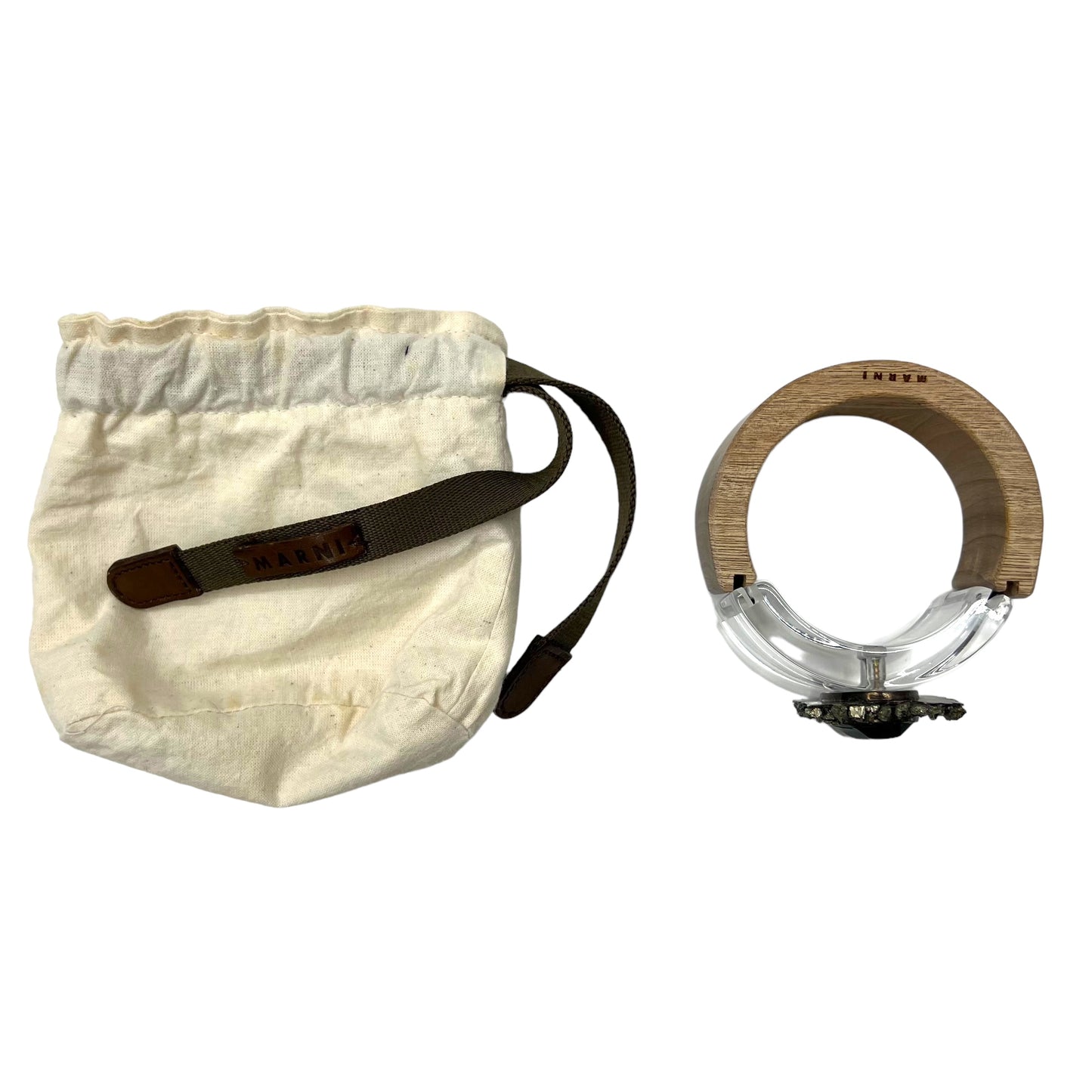 MARNI Wide Clear Bracelet Bangle in Beige Wood with Colored Stones and Skeleton