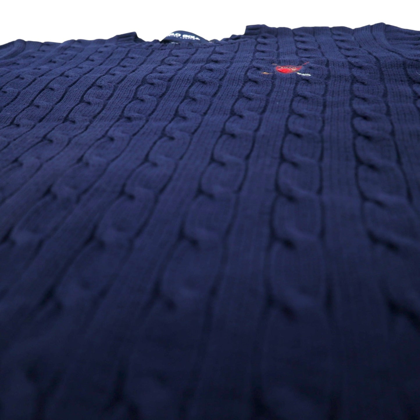 POLO GOLF RALPH LAUREN 90年代 クルーネック ケーブルニット セーター L ネイビー コットン ワンポイント 刺繍