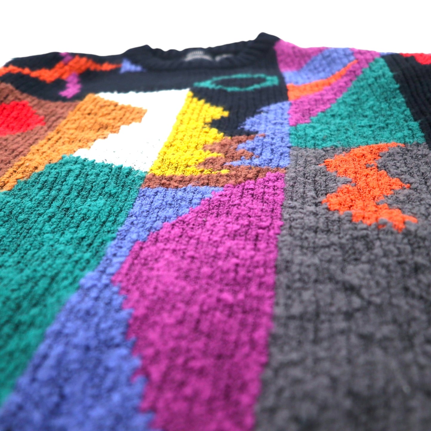 90年代 EXPRESSIONS 総柄 幾何学 デザインニット セーター M ブラック マルチカラー ケーブル編み