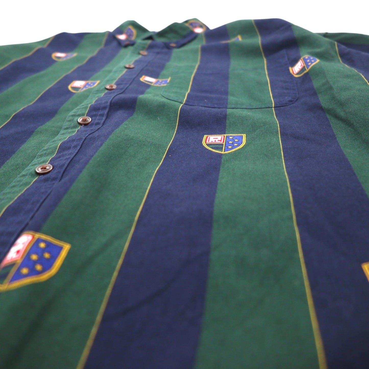 CHAPS RALPH LAUREN 90s Button-down Shirt L Green Navy Striped Cotton Emblem Logo