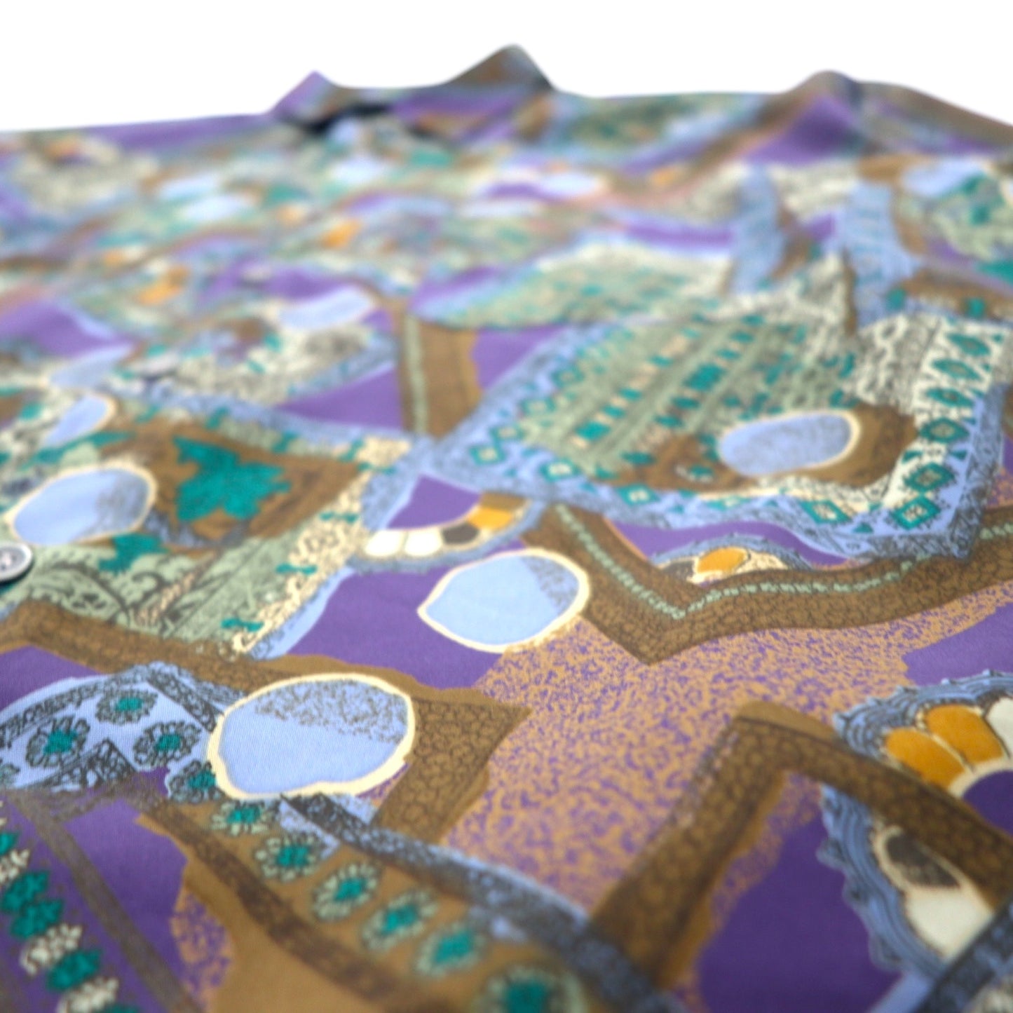 Vintage 90s Retro Geometric Pattern Shirt ORANGE FIELD All-over Print Poly Shirt M Purple Polyester