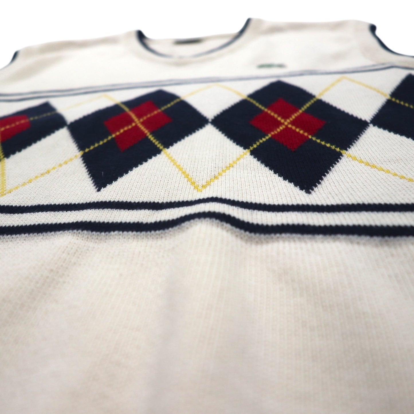 LACOSTE Cardigan Knit Vest, White, Cotton, V-Neck, Argyle Pattern, Size L