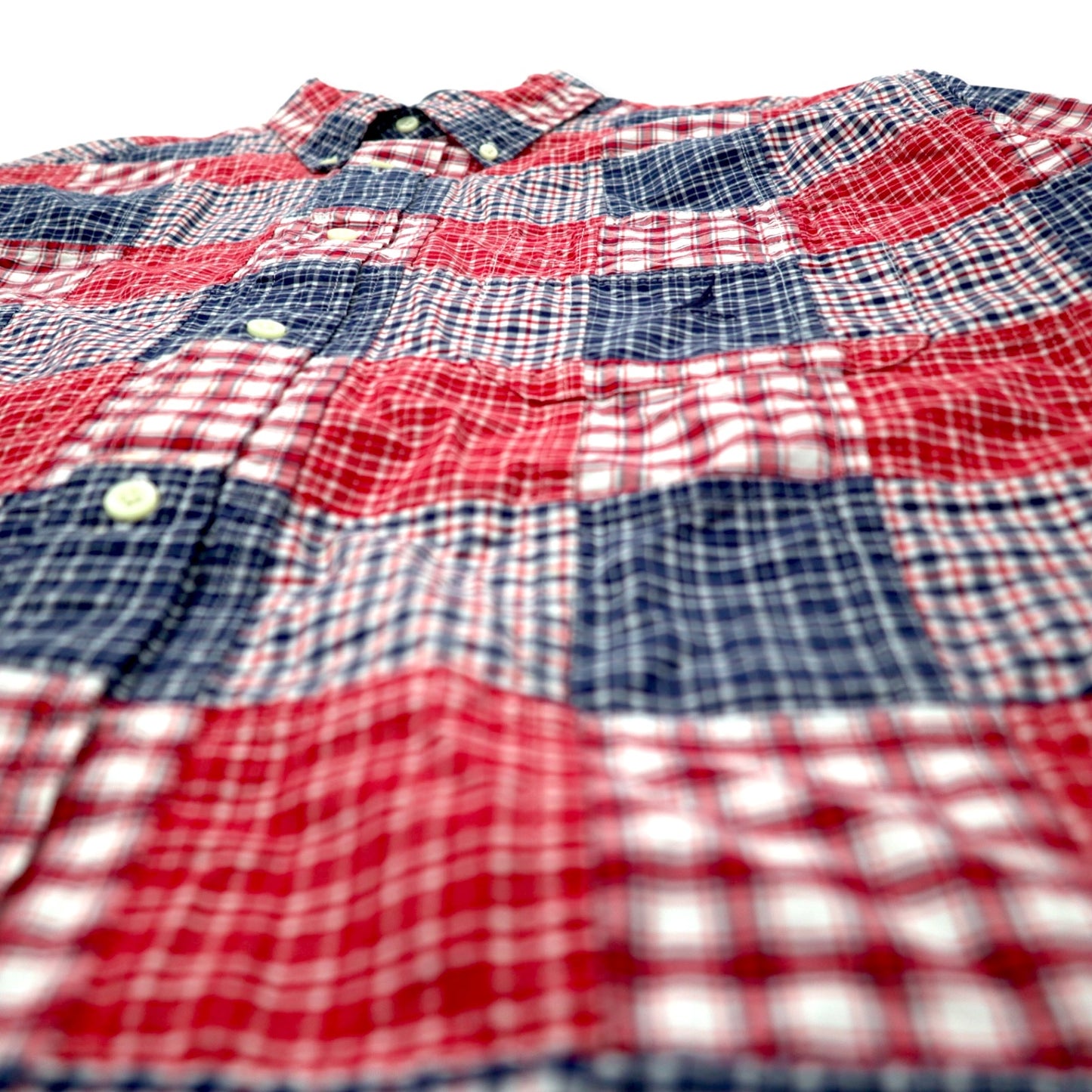 NAUTICA patchwork button-down shirt, short sleeve, XXL, multicolor, check, cotton, one-point logo embroidery, big size