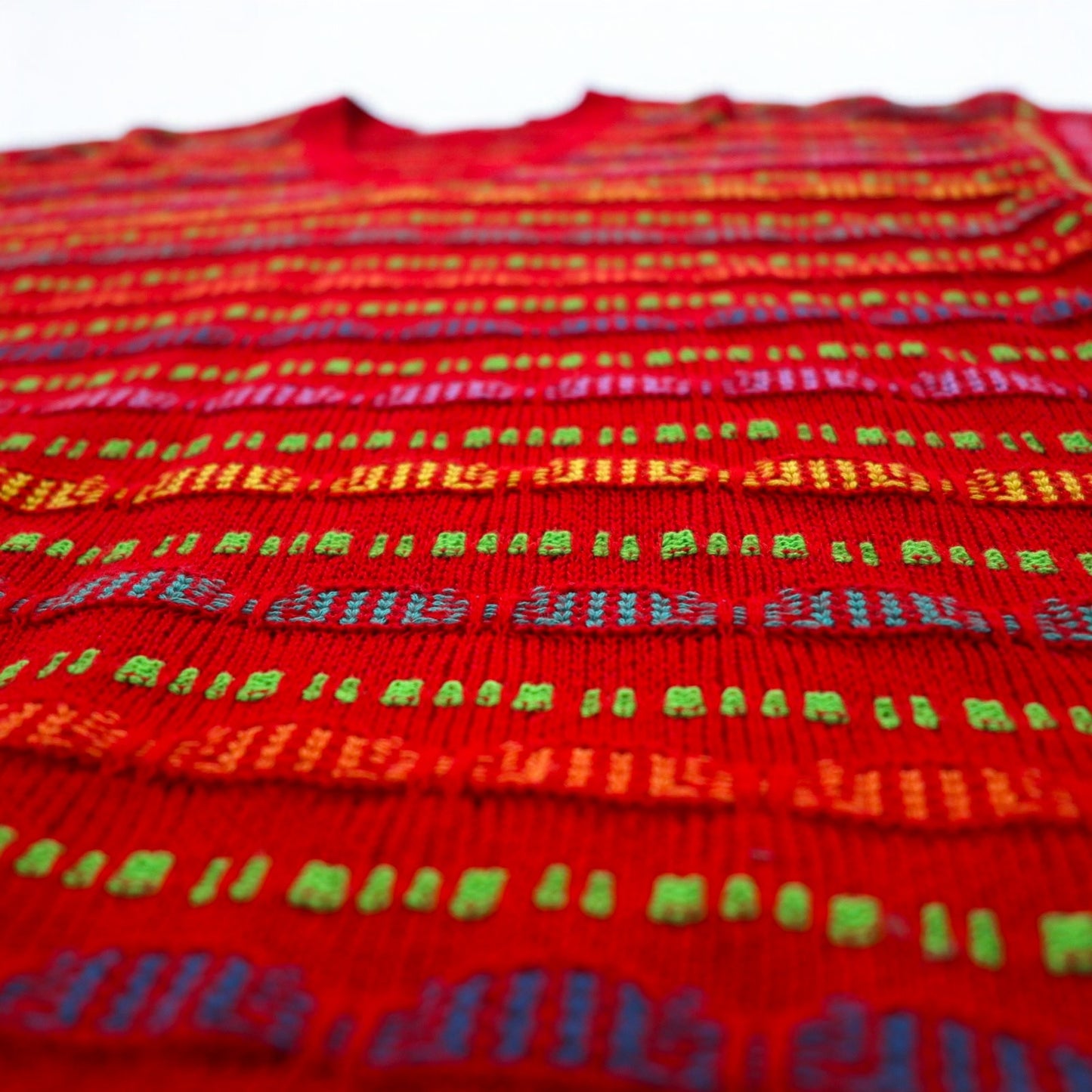 Fantasie di Settembre イタリア製 90年代 Vネック 3D ニット セーター L レッド 総柄 ボーダー