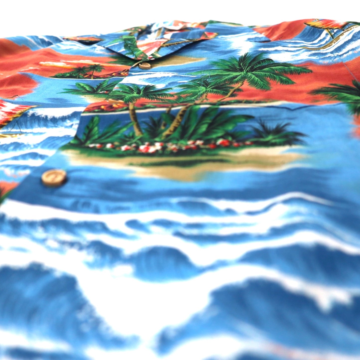 ALOHA REPUBLIC Aloha Shirt, Open Collar, Medium, Blue, Cotton, Beach, All-Over Print, Made in Hawaii (USA)