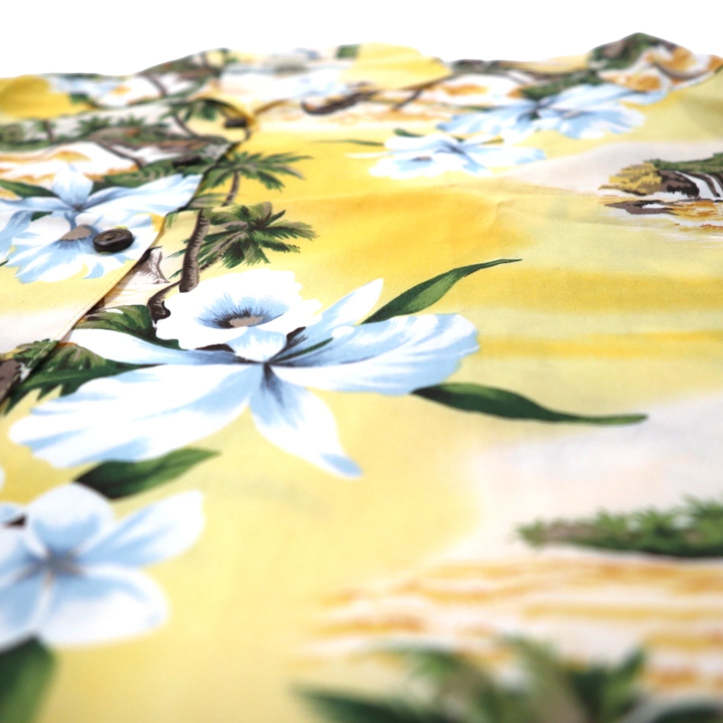 KY'S Aloha Shirt, Open Collar, S, Yellow, Cotton, Hibiscus, All-Over Print, Made in Hawaii (USA)