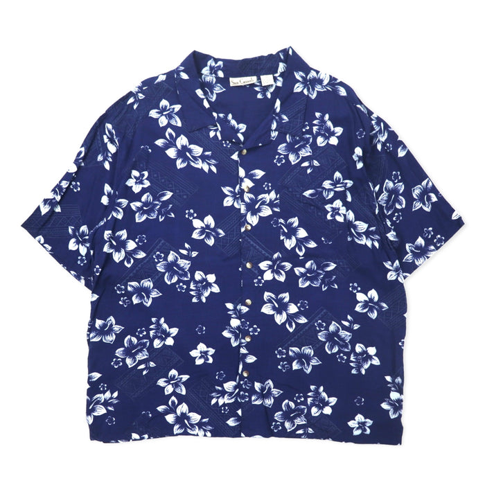 Sun Casuals Aloha Shirt, Open Collar, 3X, Navy, Rayon, All-Over Pattern, Hibiscus