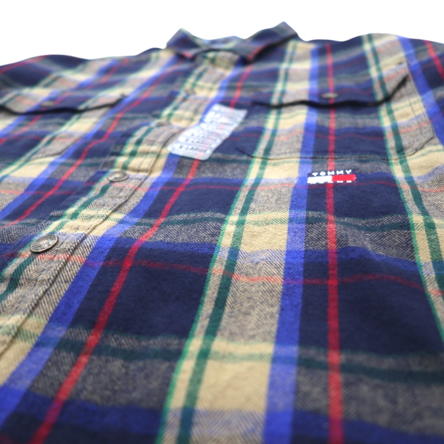 TOMMY JEANS 90s Flannel Shirt XL Navy Check Cotton Snap Button Unused