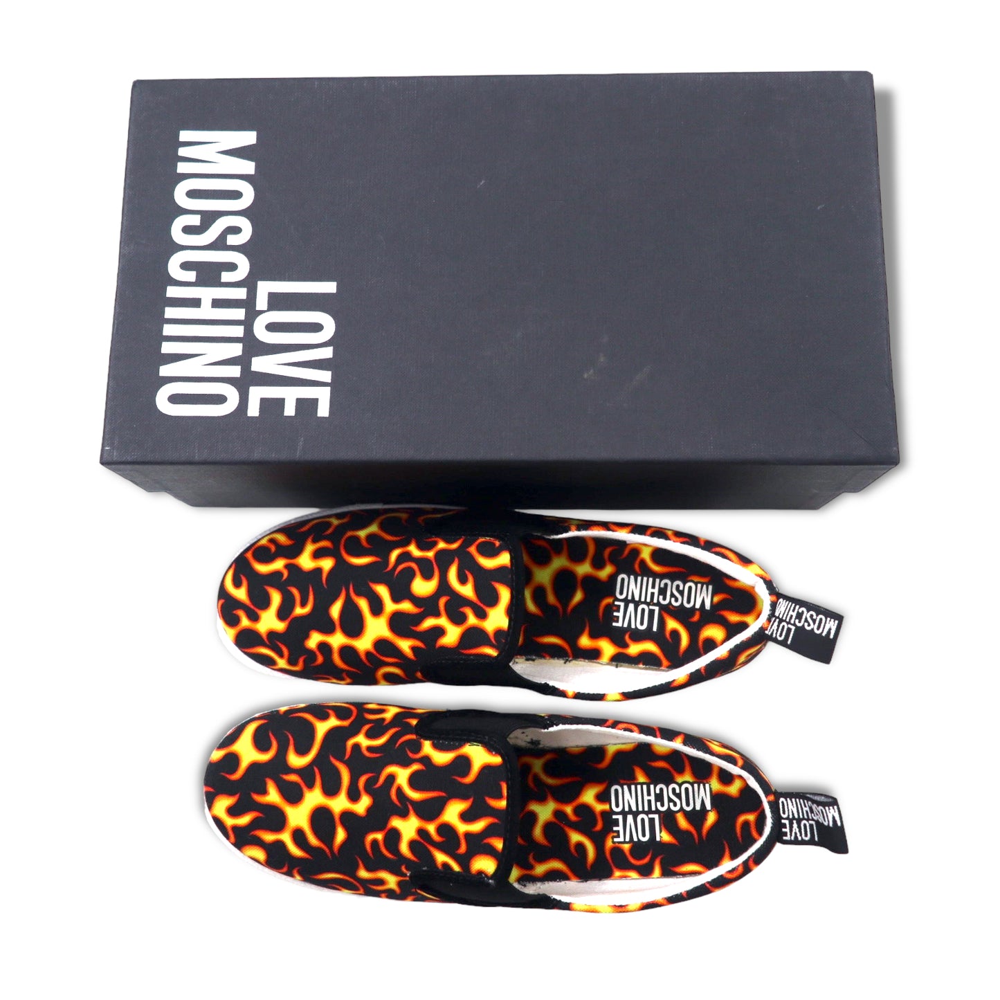 LOVE MOSCHINO Made in Italy Fire Pattern Slip-on Sneakers 23.5cm Black Canvas Unused Item