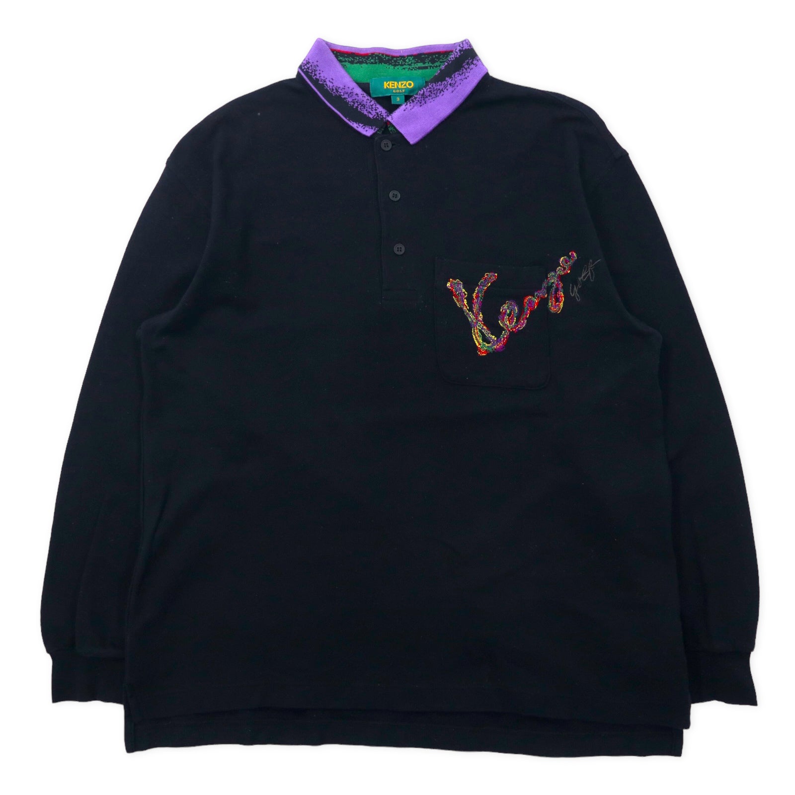 KENZO GOLF Long Sleeve Polo Shirt 3 Black Cotton Embroidery Japan