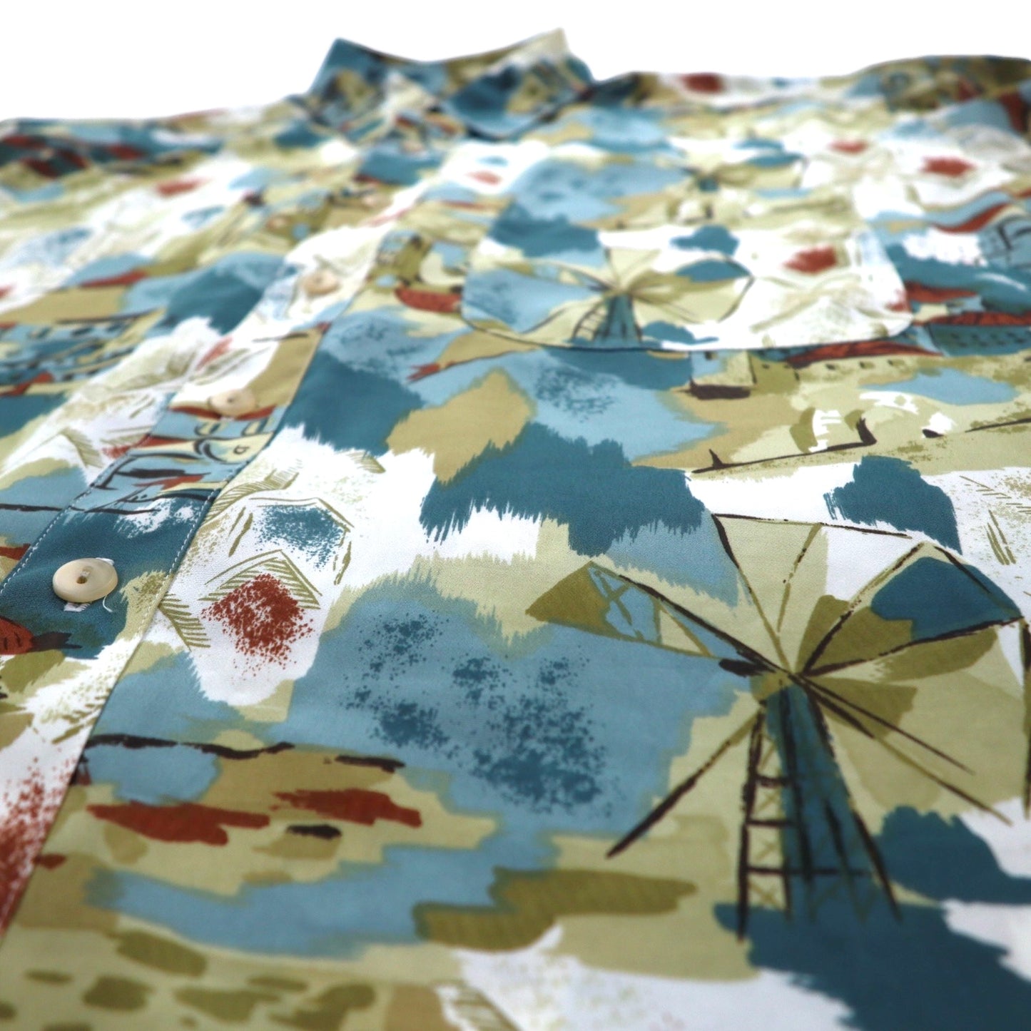 Vintage 90s Japan Made Retro Shirt mio SIROCCO Poly Shirt M Multicolor All-over Pattern Art