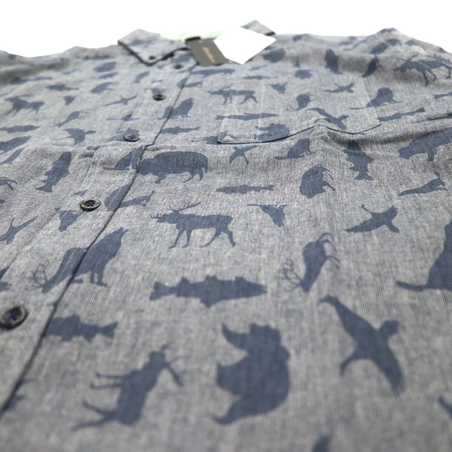 Eddie Bauer ボタンダウンシャツ L ネイビー コットン 総柄 アニマル 未使用品