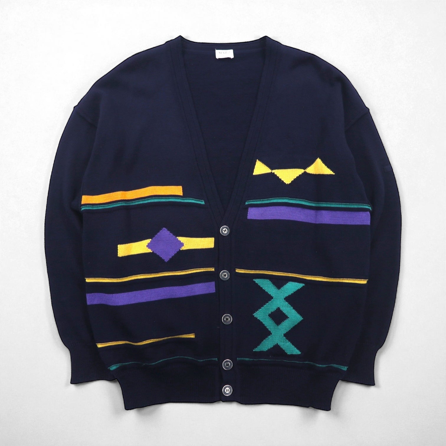 80s W.Germany Vintage Cardigan ニット カーディガン L ネイビー V 
