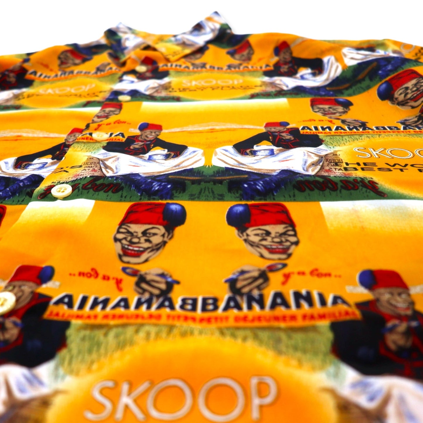 90s SKOOPS WORLDWIDE all-over print graphic shirt Aloha shirt XXL Yellow Polyester Big size