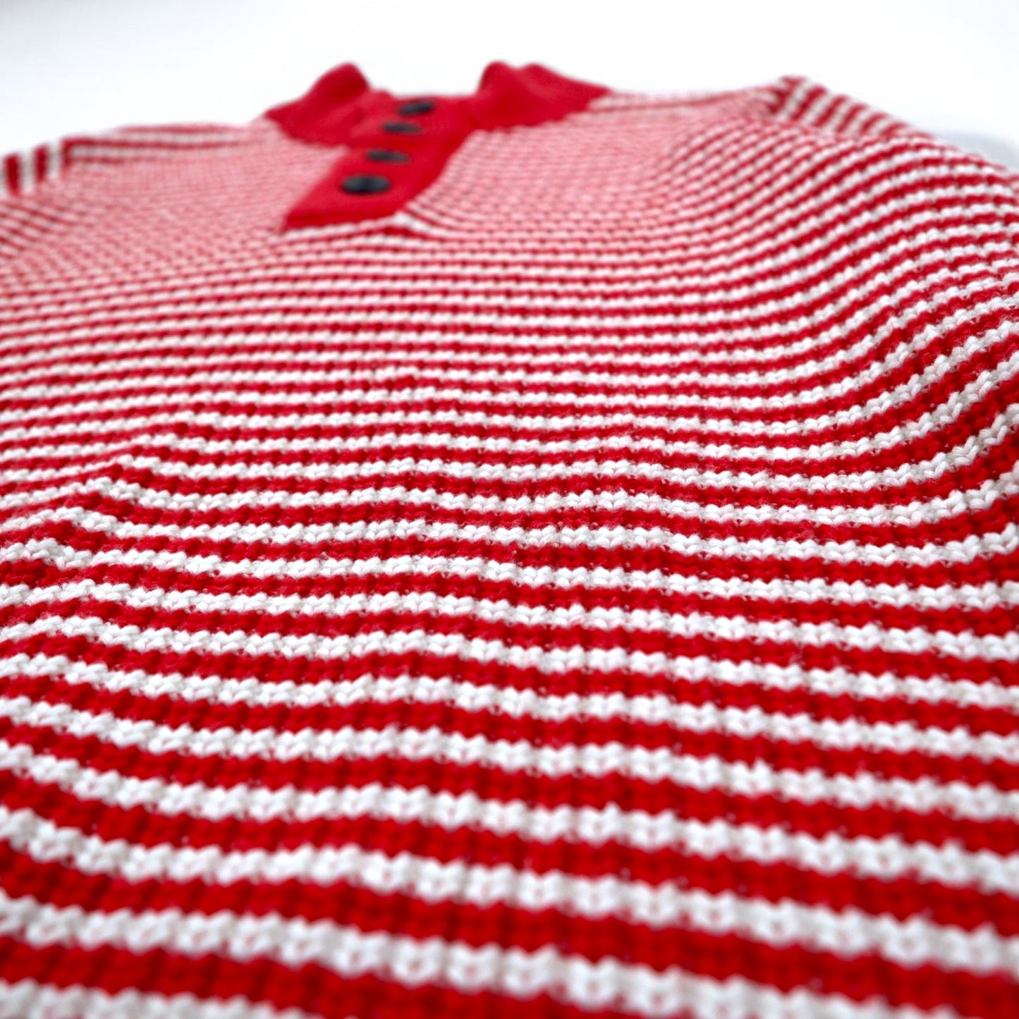 TOMMY HILFIGER ハーフボタン ワッフルニットセーター L レッド ボーダー ローゲージ