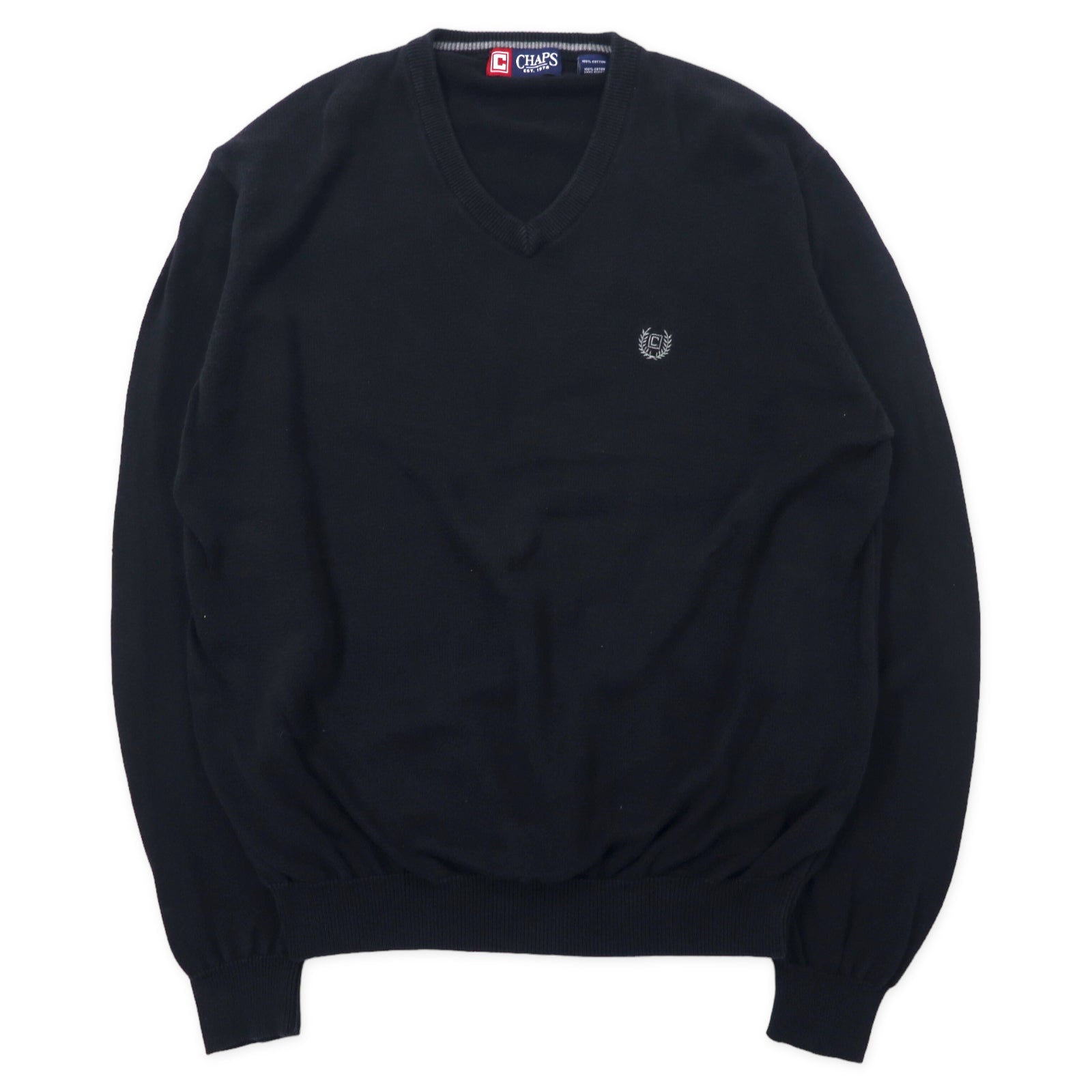 CHAPS V neck knit sweater l navy cotton one -point logo embroidery