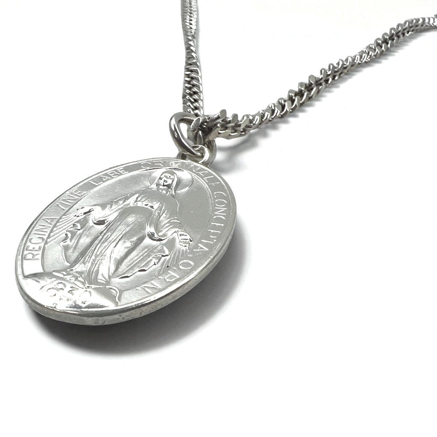 Vintage Virgin Mary Medal Silver Necklace, Virgin Mary Oval Coin Necklace, 925 Silver, Italy, with Curb Chain