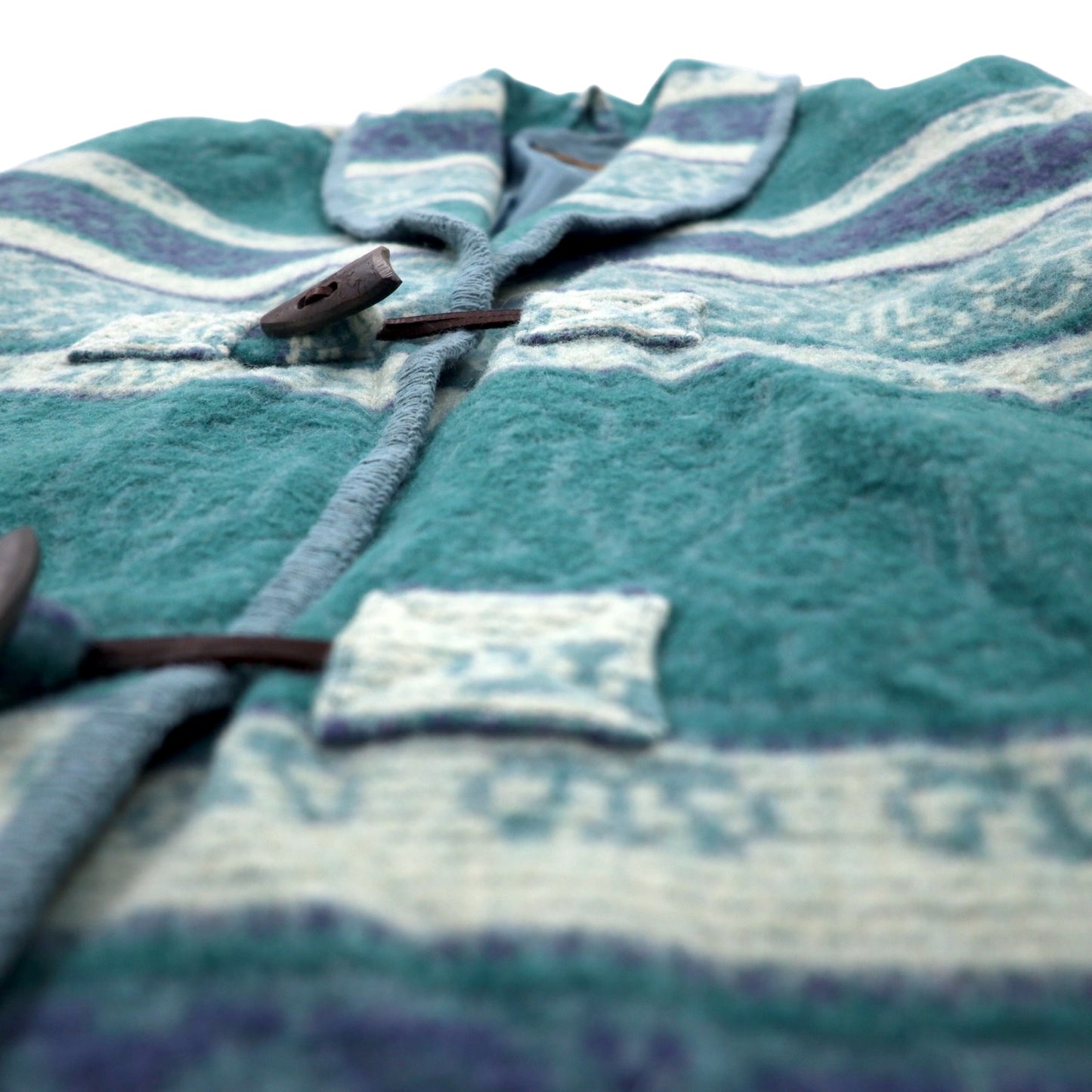 Eddie Bauer 90s USA Made Shawl Collar Blanket Jacket XL Blue Wool Native American Print Toggle Button