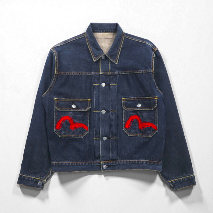 EVISU 2ndタイプ デニム トラッカージャケット Gジャン M 濃紺 インディゴ 赤 カモメ ペイント 東京 大阪 シンチバック セルヴィッヂ