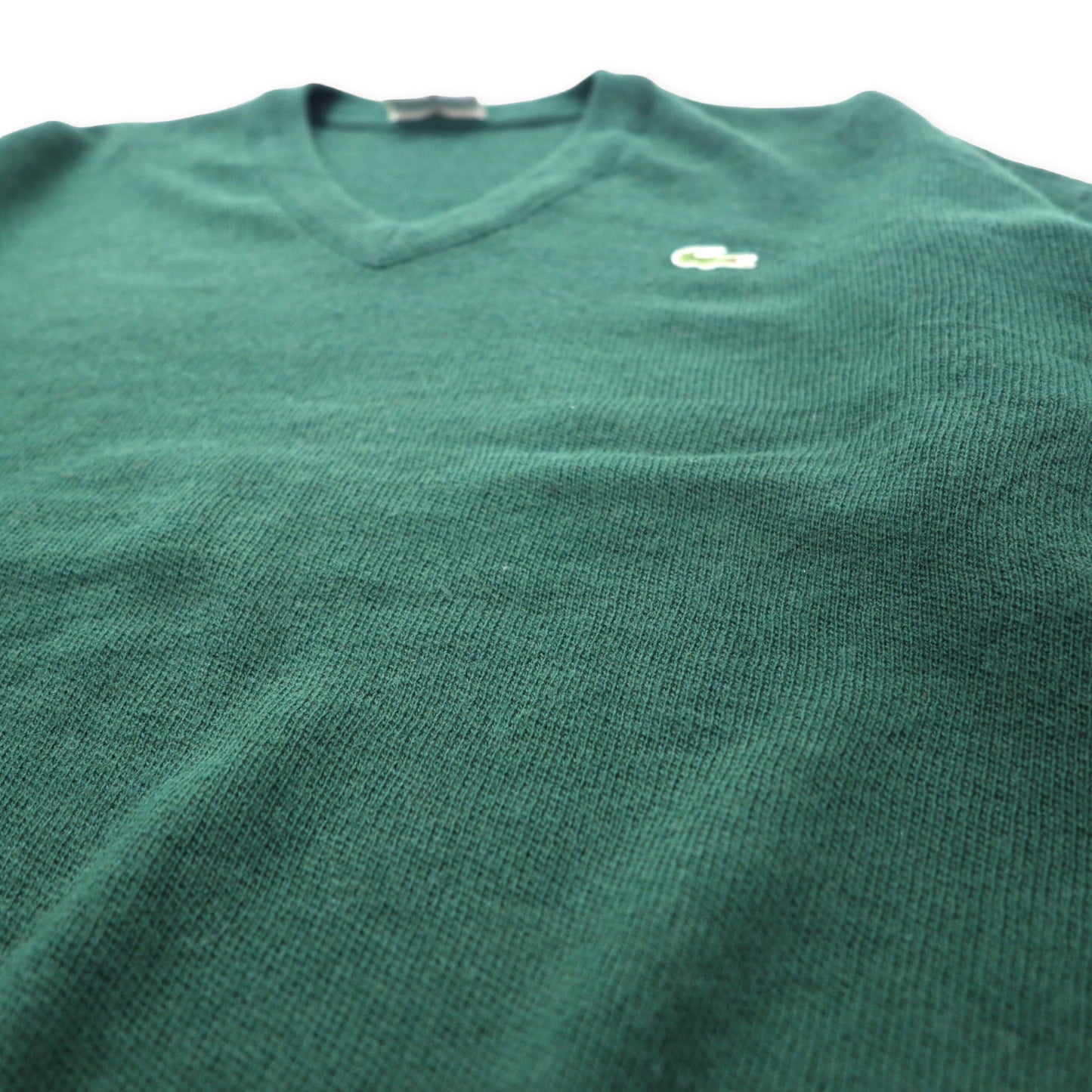 CHEMISE LACOSTE Made in France 80's French Lacoste V-neck Acrylic Knit Sweater 4 Green Wool One Point Logo Big Size