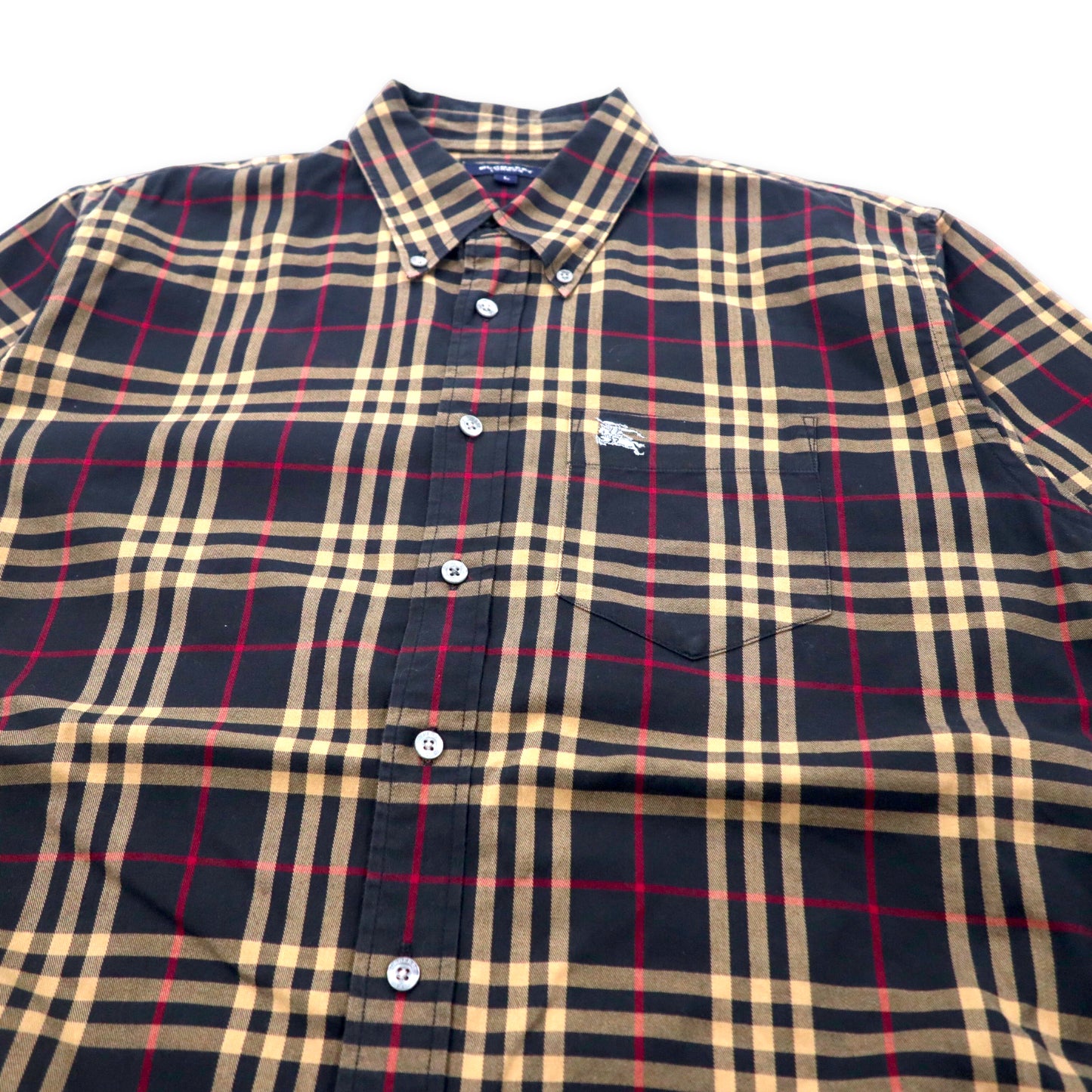 BURBERRY ノバチェック 半袖 ボタンダウンシャツ L ブラック コットン ワンポイントロゴ刺繍
