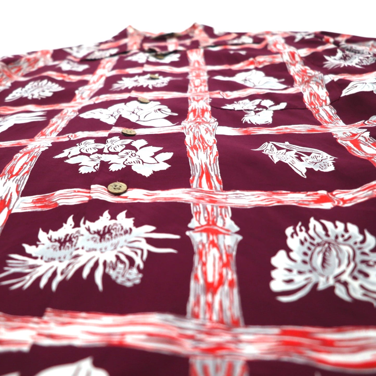 Navy Flag オープンカラー 開襟 アロハシャツ M ボルドー レーヨン 総柄 ハイビスカス