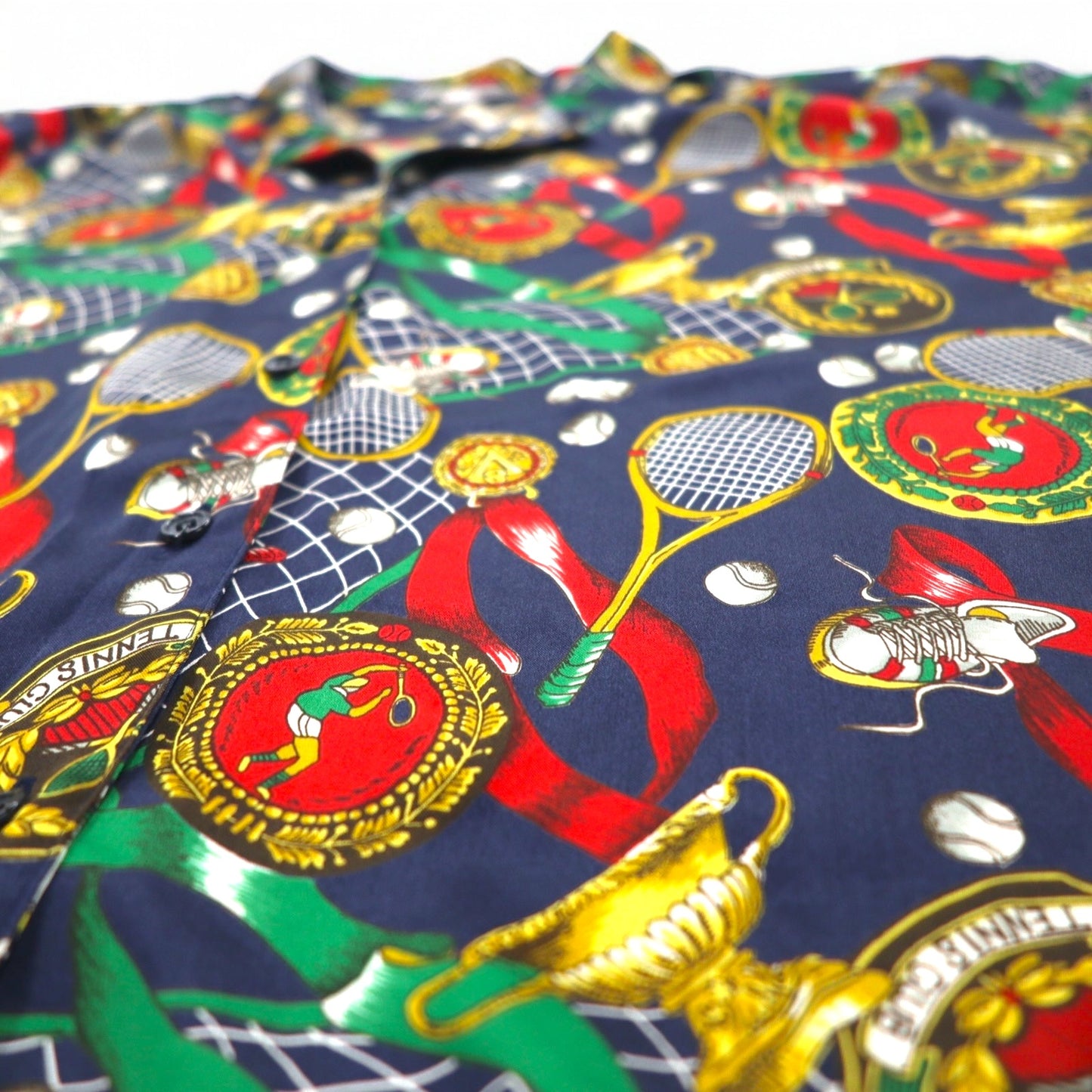 Vintage 90s Japan Made Open Collar Retro Shirt Ram Roll スカーフ柄 オープンカラーシャツ ポリシャツ XL ネイビー レトロ