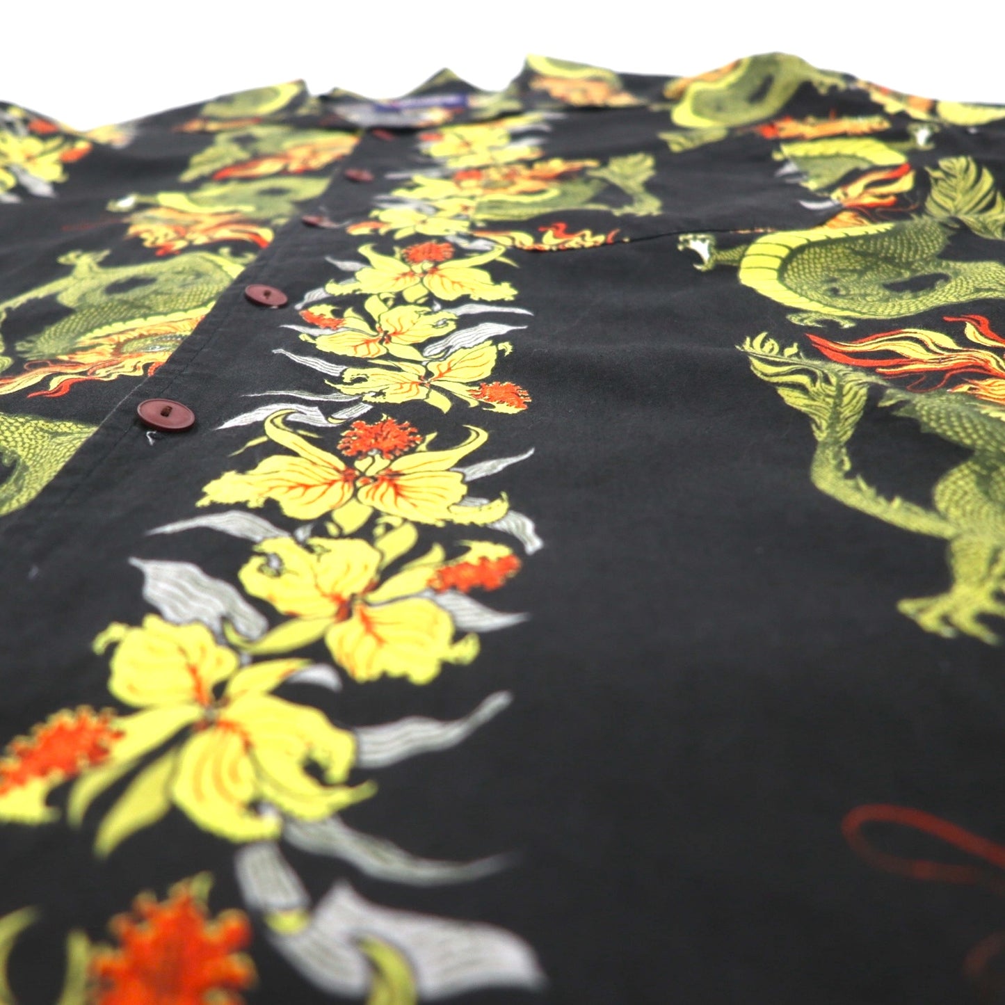 Made in the USA, 90s, LATITUDE 32, open-collar aloha shirt, 3XL, big size, black, all-over pattern, dragon, hibiscus