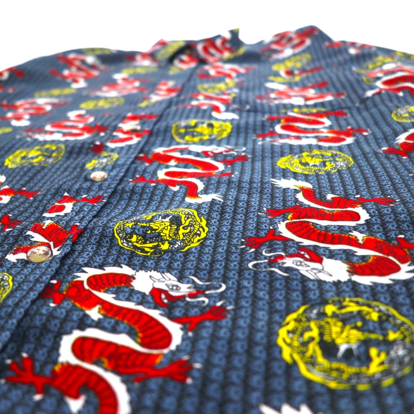 Vintage 90s China Dragon Patterned Shirt DAGACCI ポリシャツ L ブルー 総柄 龍