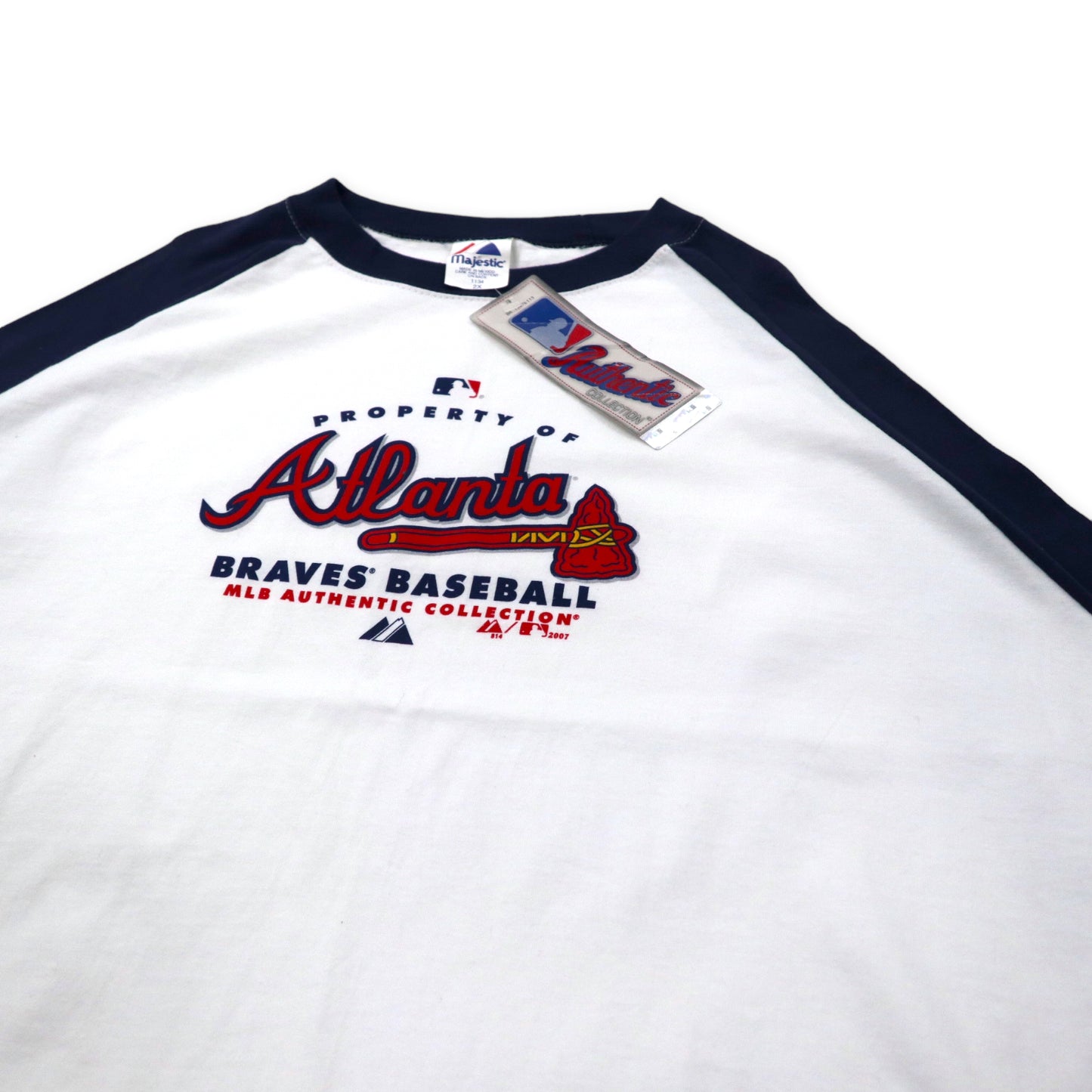 majestic 00年代 MLB AUTHENTIC COLLECTION ベースボール ラグランTシャツ 2X ホワイト ネイビー コットン Atlanta ビッグサイズ メキシコ製 未使用品