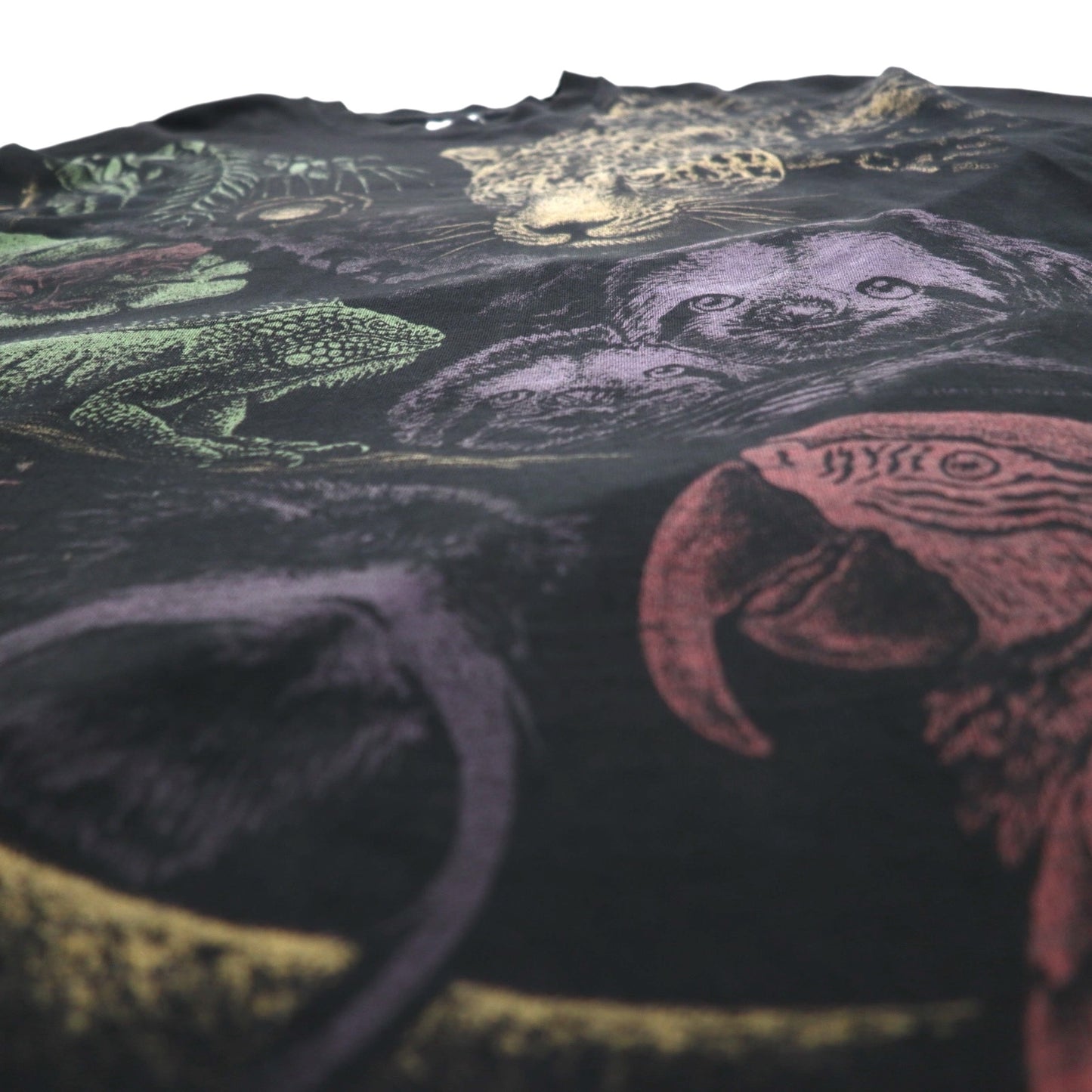 USA製 80年代 FRUIT OF THE LOOM シングルステッチ 総柄 アニマル Tシャツ 2XL ブラック コットン