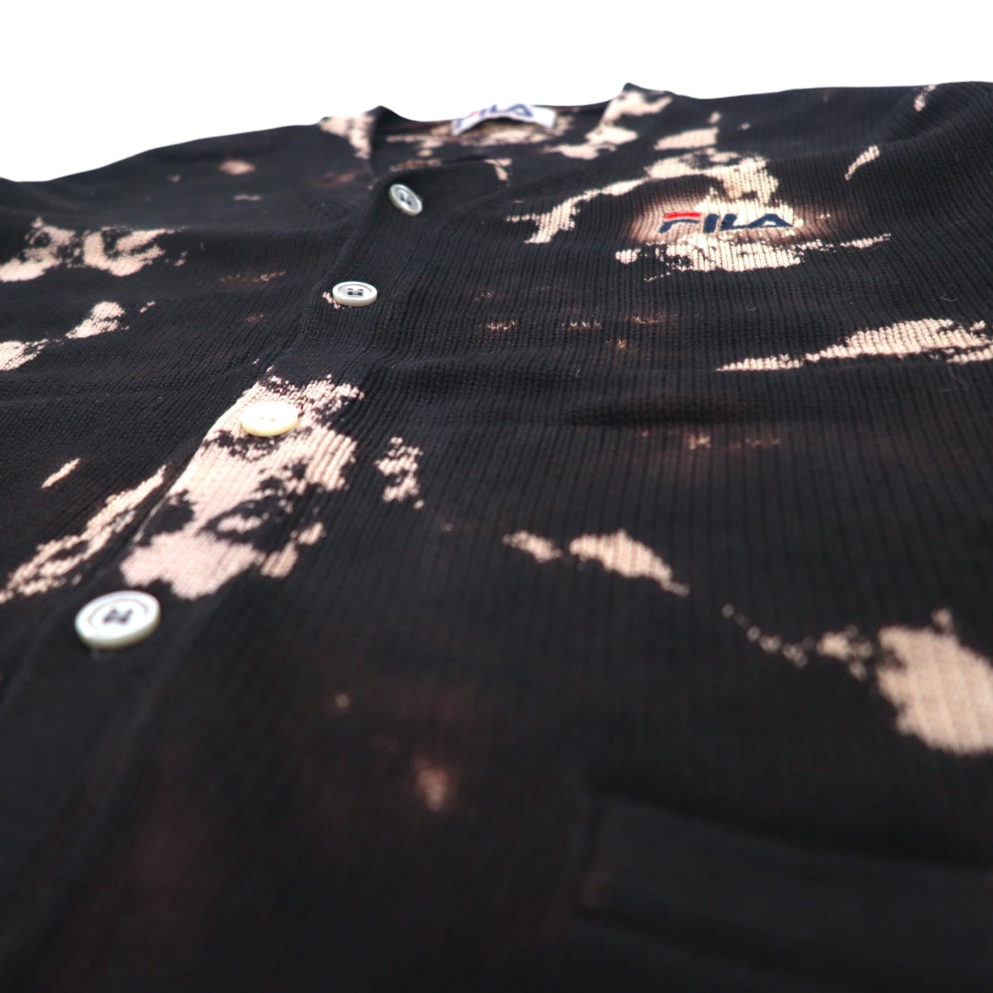 FILA 90年代 タイダイ コットンニット カーディガン L ブラック ブリーチ加工 ワンポイントロゴ刺繍