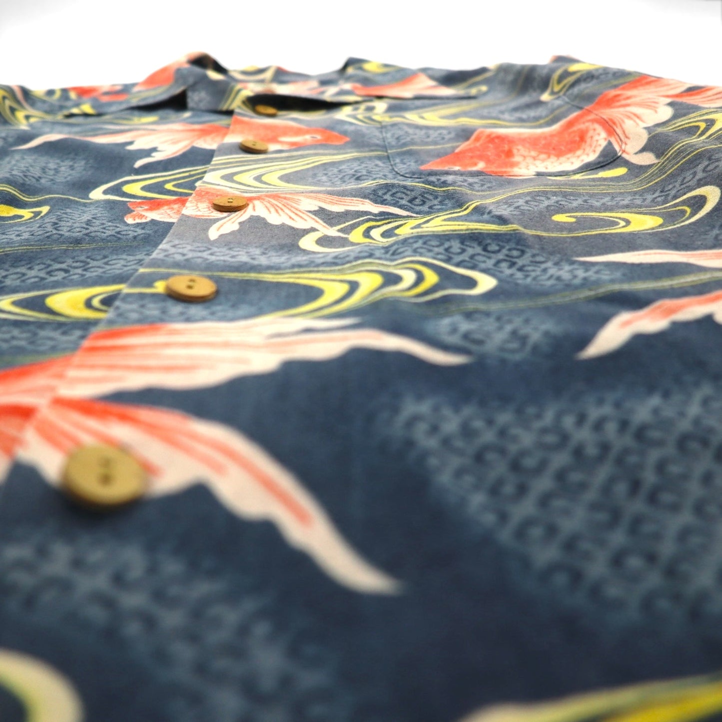 LALAKAI 長袖 オープンカラー アロハシャツ XL ネイビー シルク 和柄 金魚 HL015NLN