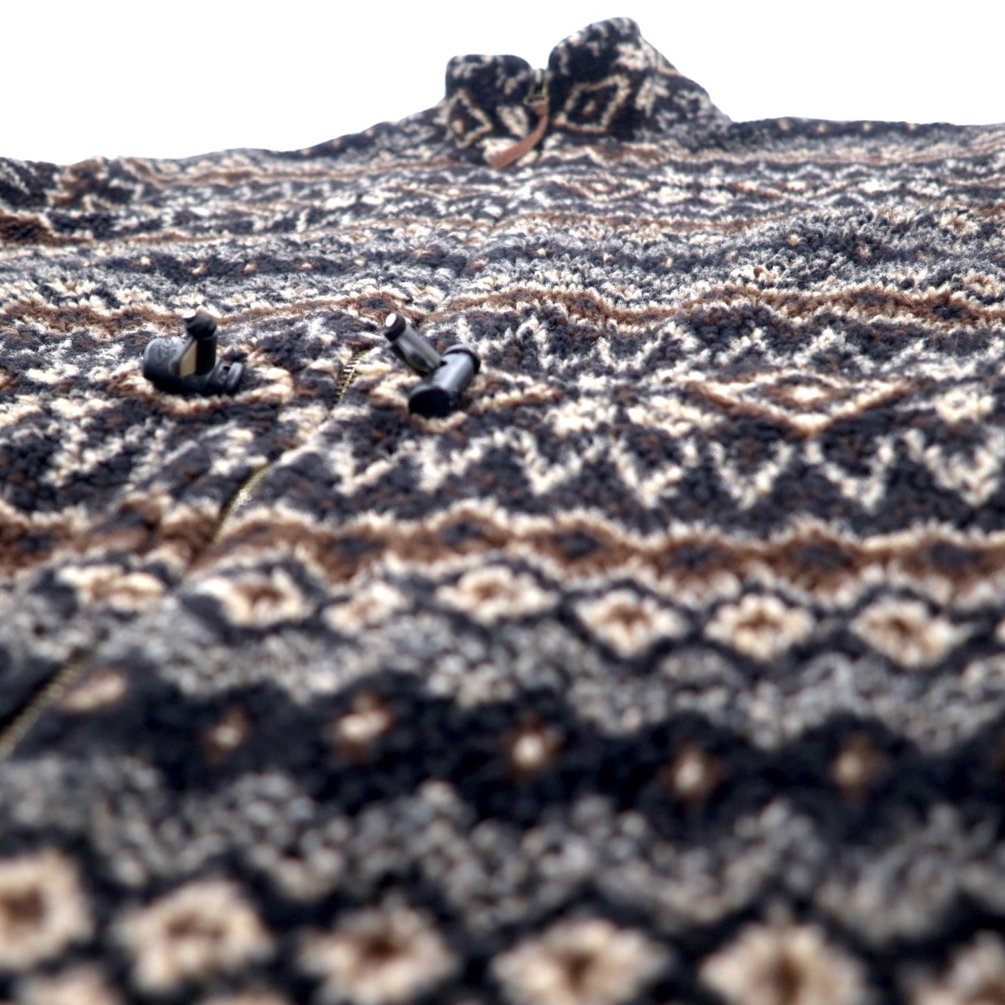 90年代 MARSH LANDING ボアフリースジャケット M ブラウン 総柄 ノルディック柄 アクリル ドローコード