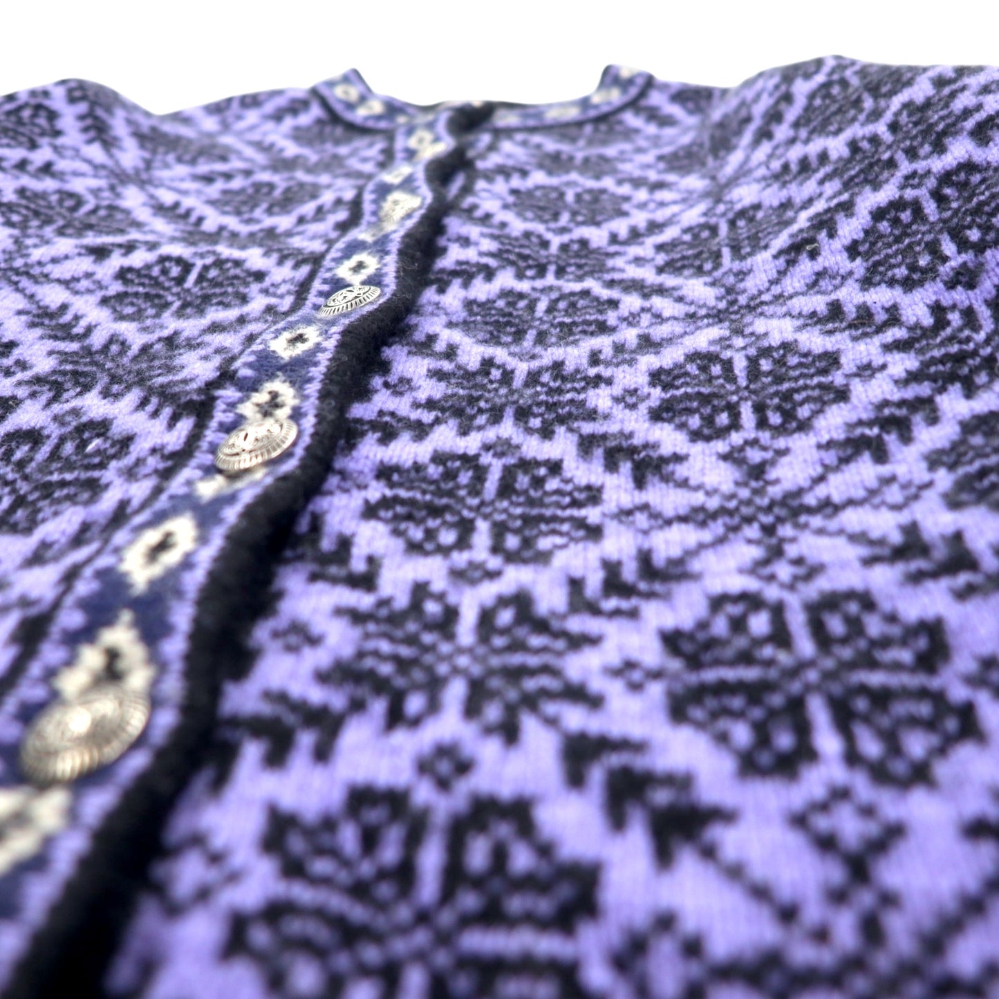 L.L.Bean チロリアン ニット コンチョボタン カーディガン S パープル ウール 総柄 ノルディック柄