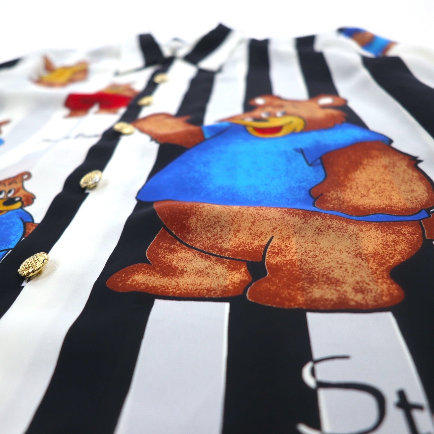 Vintage 90s Japan Made Open Collar Retro Shirt オープンカラー ポリシャツ M ストライプ 総柄 テディーベア 金ボタン レトロ 日本製