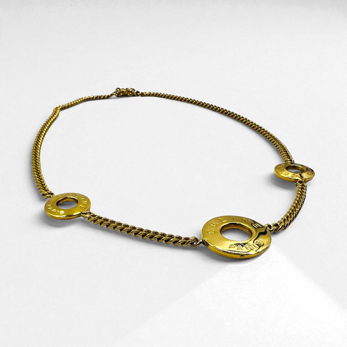 CELINE Vintage Kihei Chain Necklace Choker Gold Triple Circle Logo LE Engraved Made in Italy